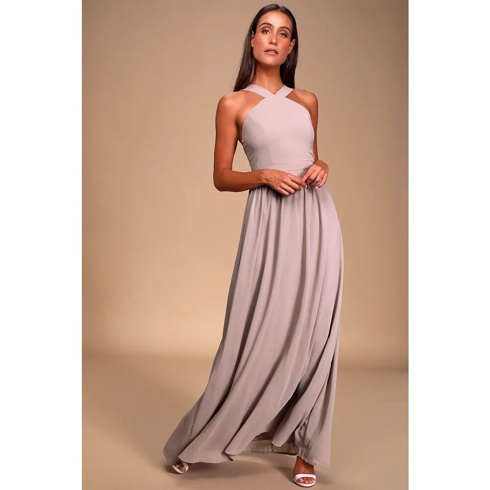 Lulus Air of Romance Maxi Dress Women Small Taupe Cross Back‎ Lined Formal Gown
